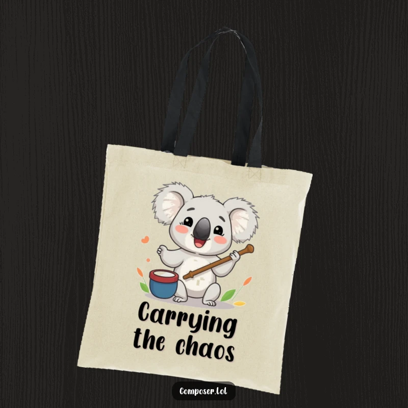 Funny Koala Tote Bag: A koala conductor passionately leads an orchestra with a twig baton, a joyful musical scene.