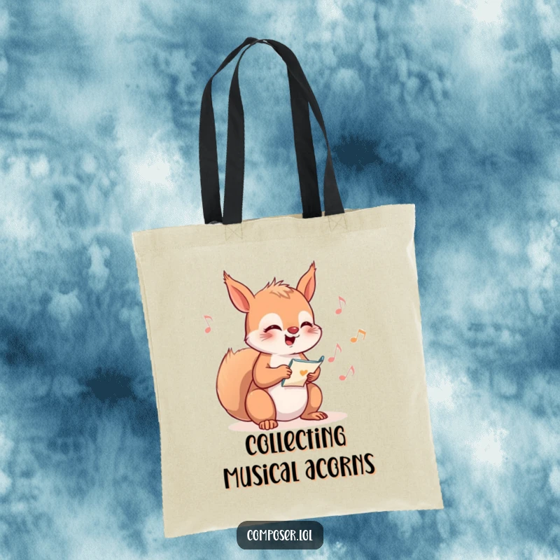 Funny Squirrel Composer Tote Bag, showcasing a giggling squirrel composing a musical score with notes dancing around.