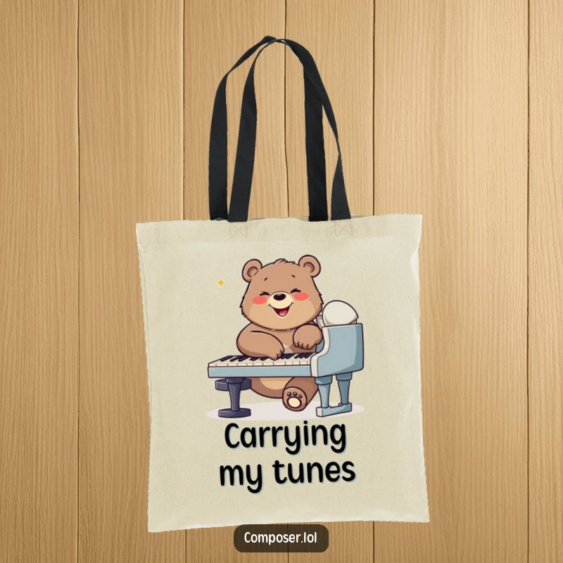 Funny bear composer tote bag, illustrating a bear playing a piano with enthusiasm, ideal for music lovers on the go.