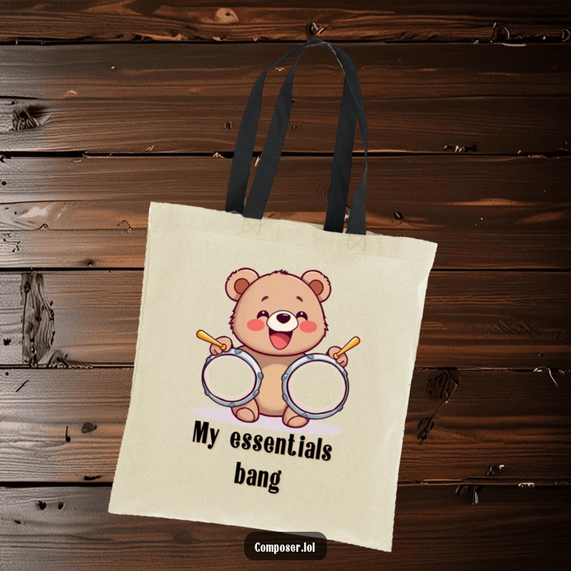 Funny tote bag with a bear cub's joyful face and oversized cymbals, perfect for carrying music or everyday items.