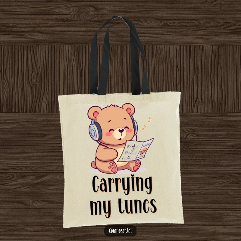 Funny tote bag with a studious bear wearing headphones, perfect for carrying music gear or essentials.