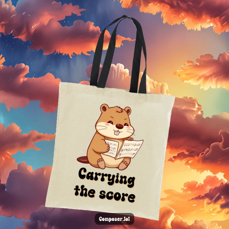 Funny beaver composer tote bag, showing a determined beaver arranging sheet music, perfect for carrying music and essentials.