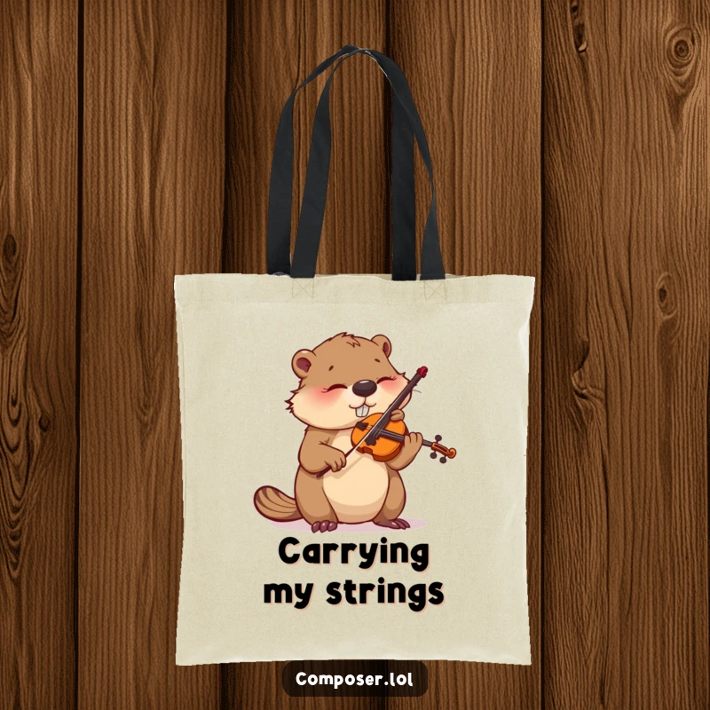 Funny tote bag showing a busy beaver meticulously tuning a violin, practical for carrying items.