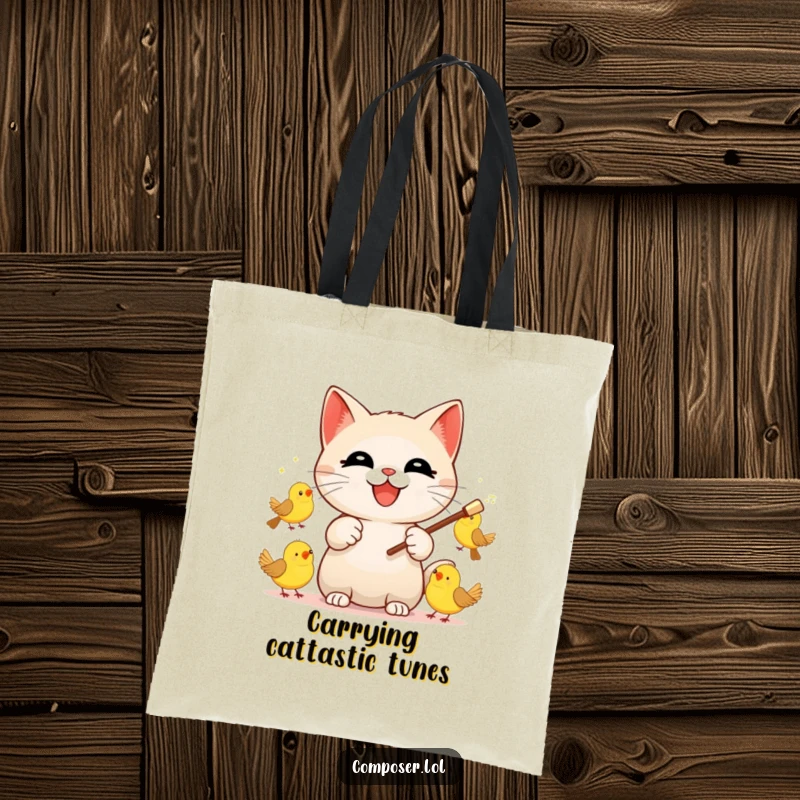 Funny Cat Conductor Tote Bag, showcasing a happy cat leading a vibrant ensemble of birds in a musical performance.