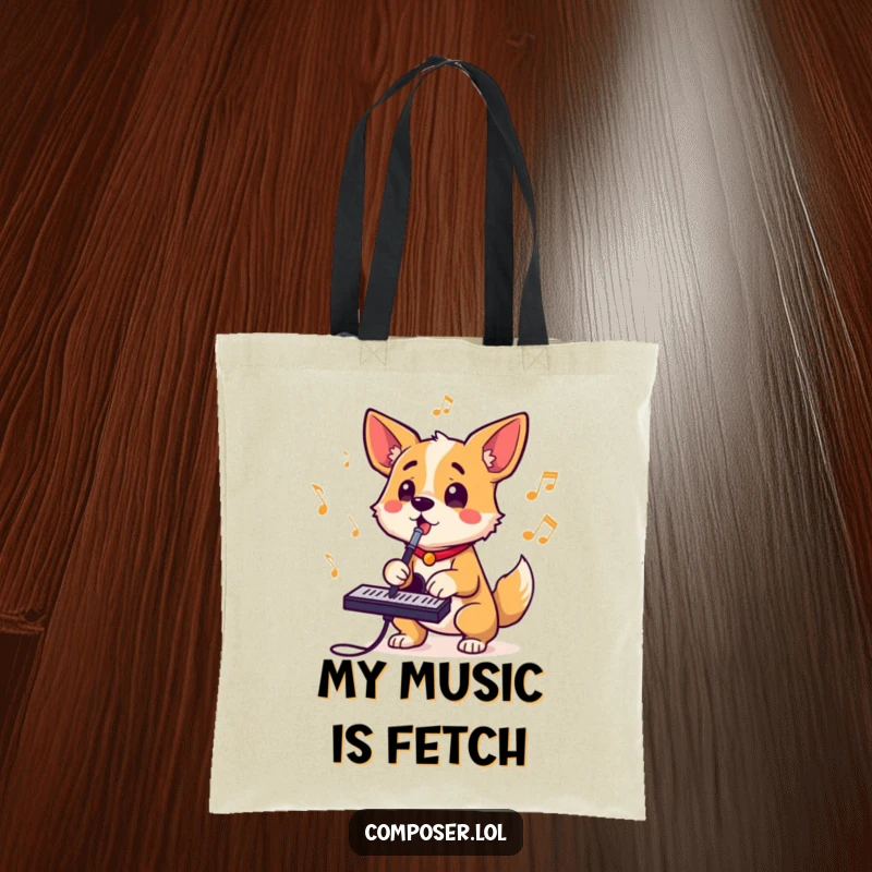 Funny tote bag illustrating a determined dog composer barking out tunes, tail wagging, embodying energetic musical passion.