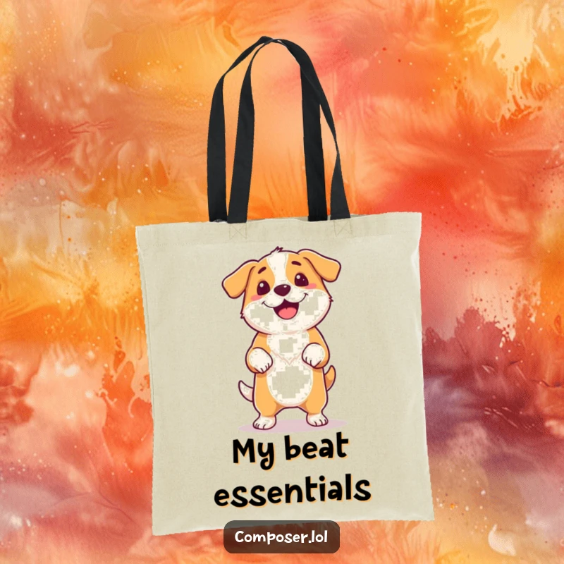 Funny proud dog tapping its foot and wagging its tail to unheard music, depicted on a tote bag.