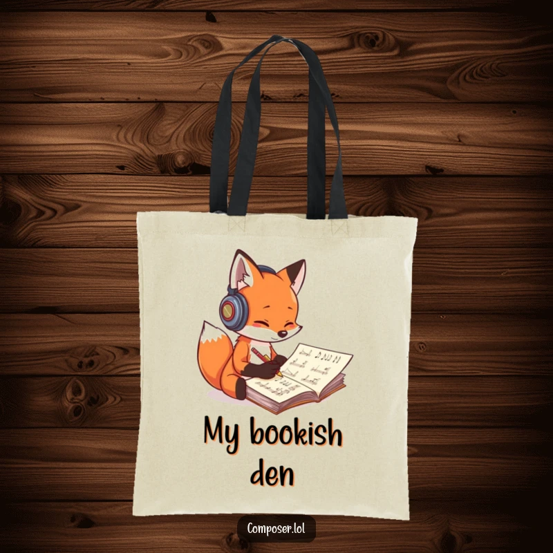 Funny fox composer tote bag, a fox with headphones scribbling notes, ideal for carrying music and creative gear.