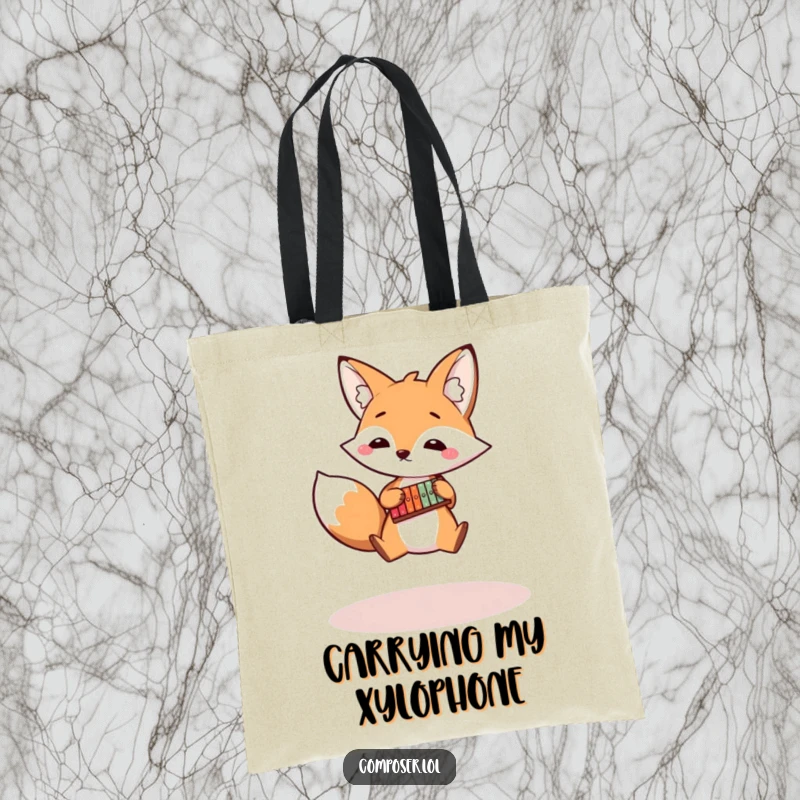 Funny fox tote bag featuring a bouncy fox playing a tiny xylophone, a vibrant and humorous accessory.