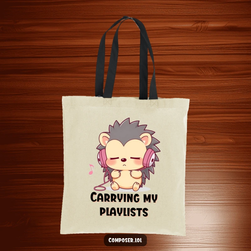 Funny hedgehog tote bag, earbuds in, eyes shut, intensely listening to music, practical and humorous accessory.