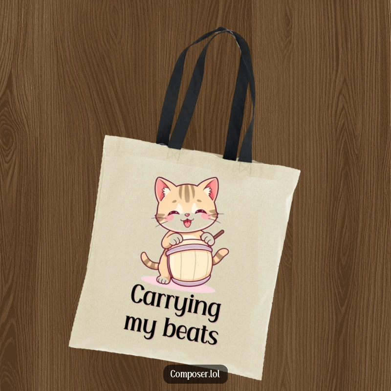 Funny tote bag depicting a joyful cat drummer, ideal for carrying groceries or music gear with a smile.