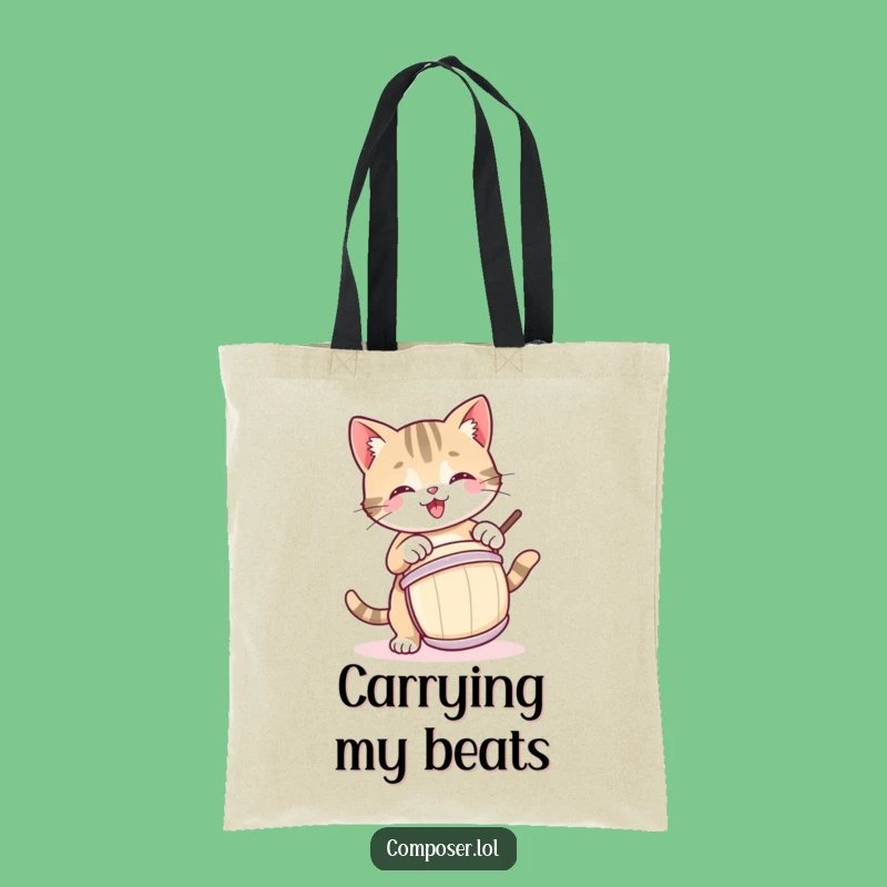 Funny Kitty Drummer Tote Bag: Carry Your Tunes with This Playful Cat!