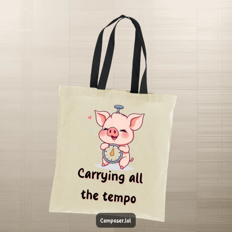 Funny Piglet Metronome Tote Bag: a piglet spins a metronome with intense concentration, celebrating musical precision.