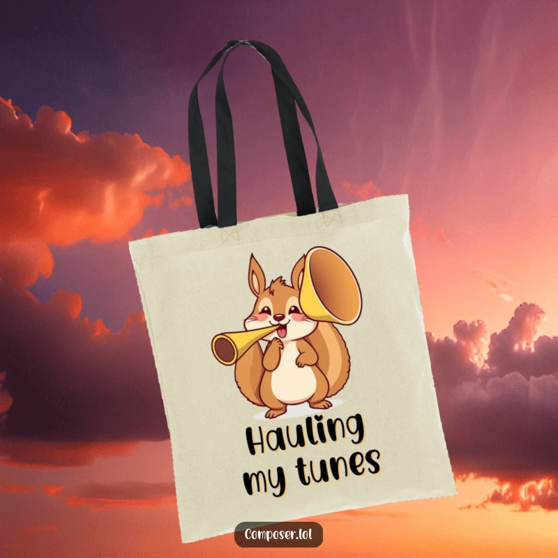 Funny, energetic squirrel character tooting a monumental French horn on a reusable tote bag, promoting eco-friendly humor.