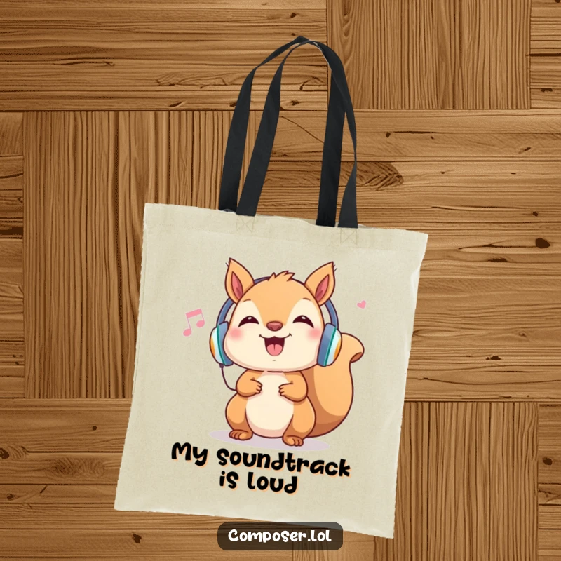 Funny Squirrel Tote Bag: Cheerful rodent with headphones, bops head to music, functional and humorous accessory