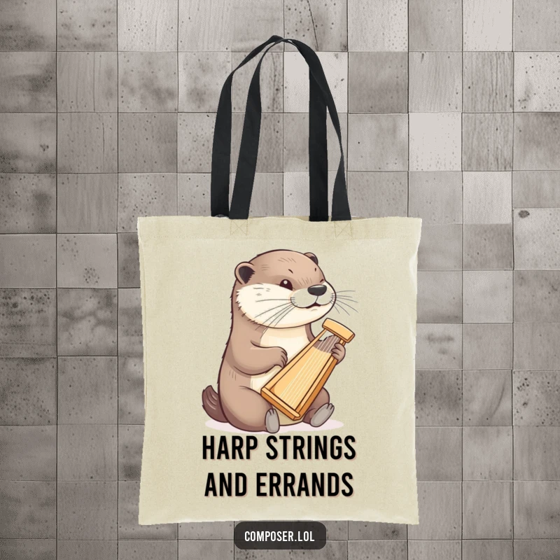 Funny otter tote bag featuring a determined otter playing a tiny harp, a stylish and humorous accessory for music lovers.