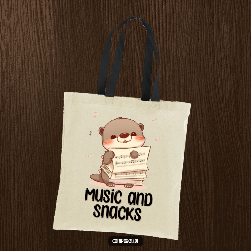 Funny tote bag with a shy otter peeking from behind sheet music, humming happily, perfect for carrying books or music.
