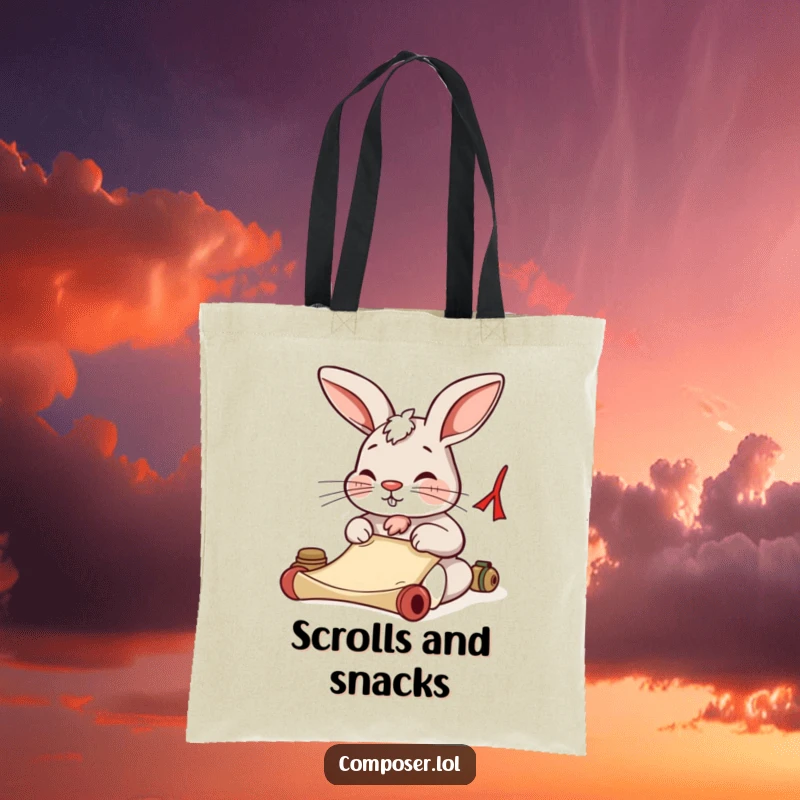 Funny rabbit diligently composing on a scroll, nose wiggling slightly, printed on a sturdy tote bag. Ideal for book lovers.
